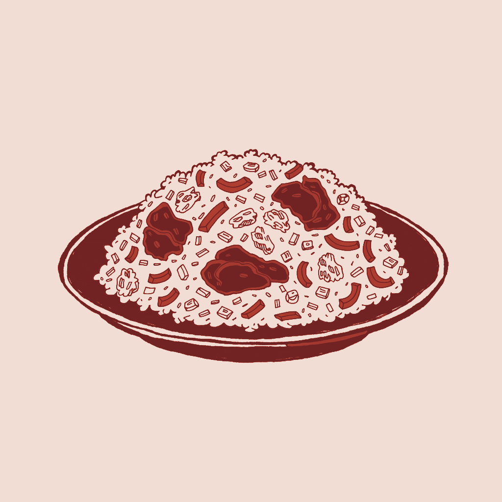 Ilustración de arroz chaufa de pollo en trozos
